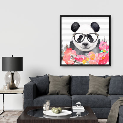 Panda with Glasses Canvas | Asian Bedroom Floral Home Decor
