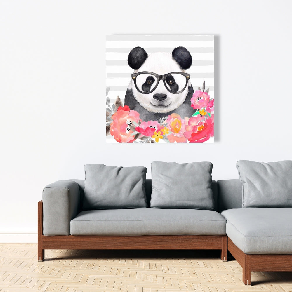 Panda with Glasses Flowers Canvas - Kids Room Art Decor