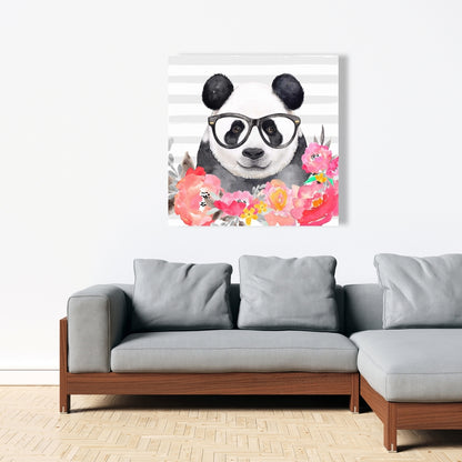 Panda with Glasses Flowers Canvas - Kids Room Art Decor