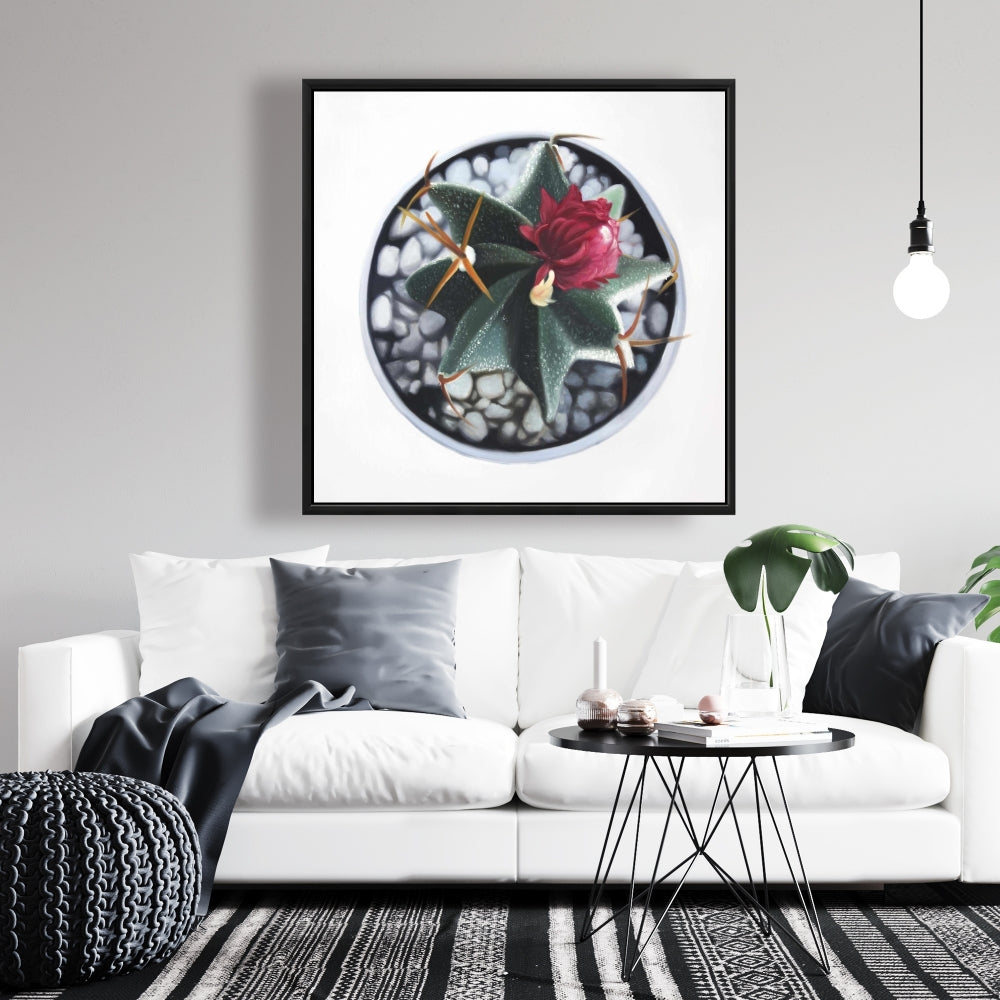 Cactus en pot – Toile encadrée botanique blanche pour décoration intérieure