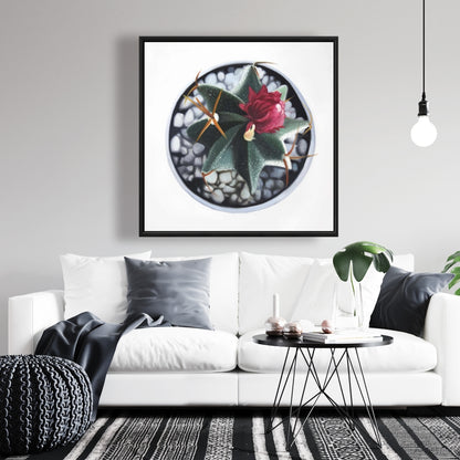 Cactus en pot – Toile encadrée botanique blanche pour décoration intérieure