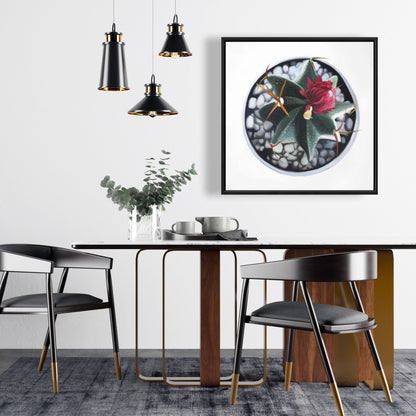 Cactus en pot – Toile encadrée botanique blanche pour décoration intérieure