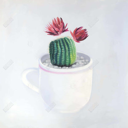 White Floral Exotic Canvas - Mini Cactus in a Cup Decor