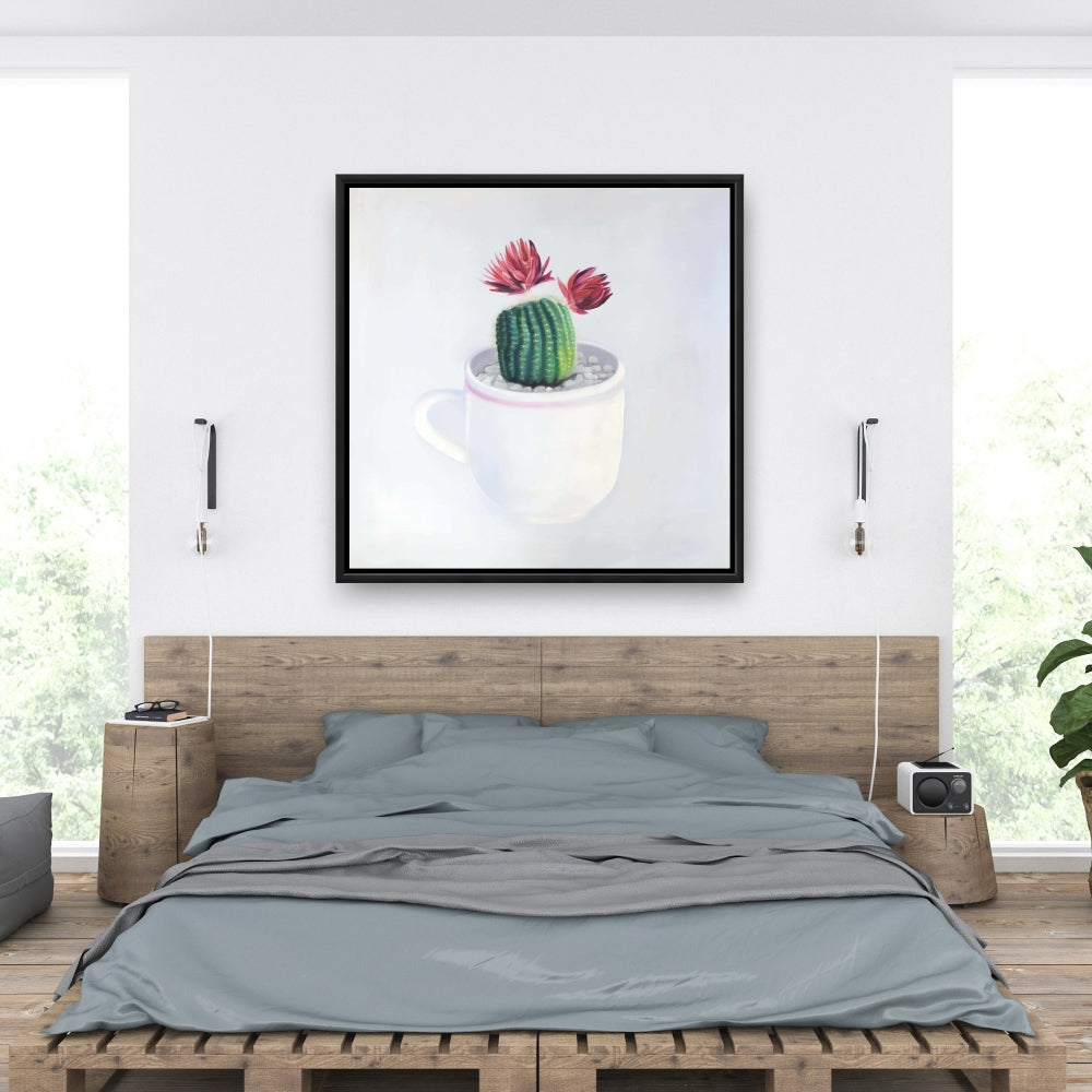 White Floral Exotic Canvas - Mini Cactus in a Cup Decor