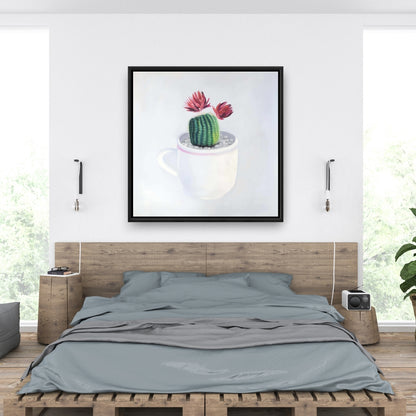 White Floral Exotic Canvas - Mini Cactus in a Cup Decor