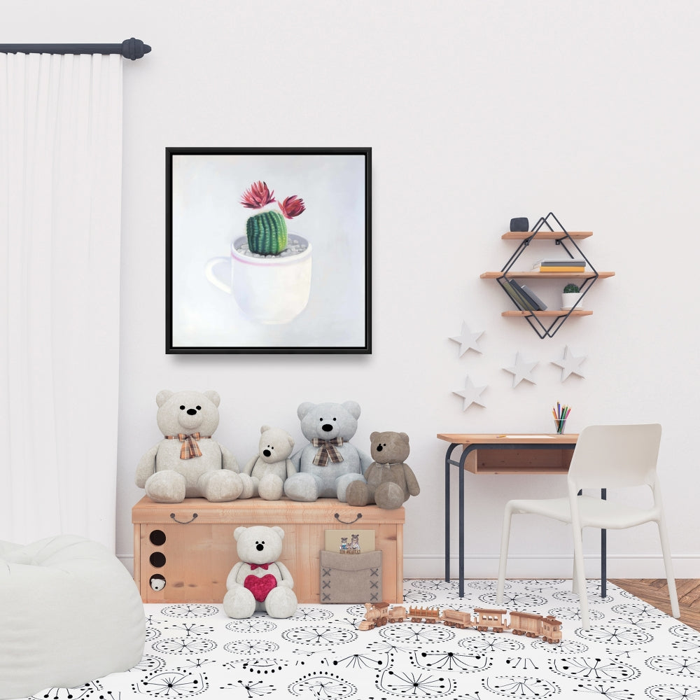 White Floral Exotic Canvas - Mini Cactus in a Cup Decor