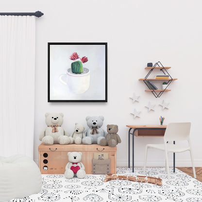 White Floral Exotic Canvas - Mini Cactus in a Cup Decor