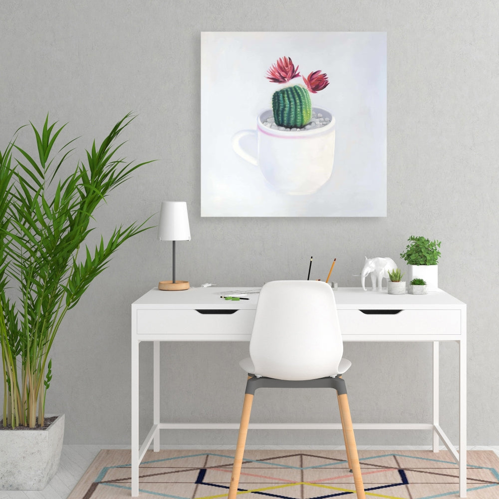 Exotic White Floral Canvas - Mini Cactus in a Cup Decor