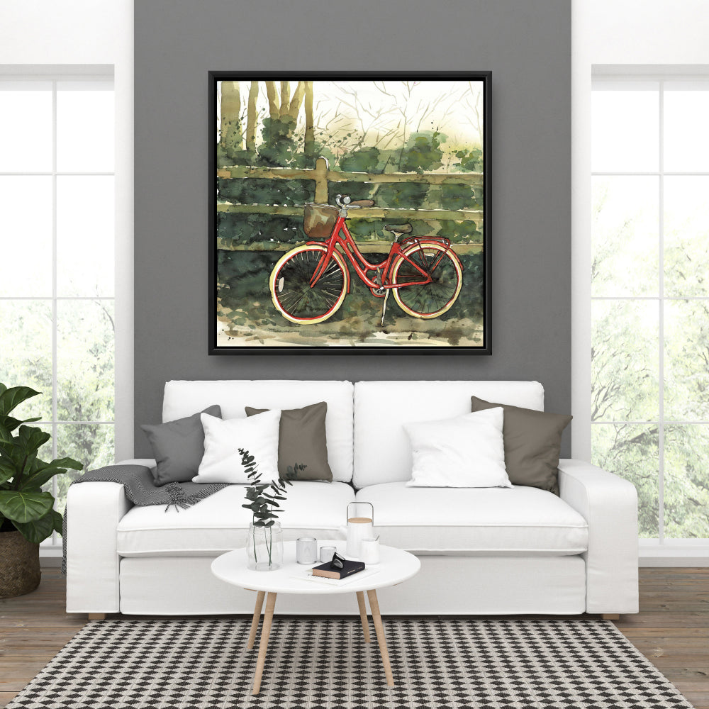 Red Bedroom Decor | Riding in the Woods Bicycle Framed Canvas