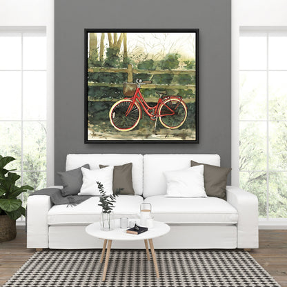 Red Bedroom Decor | Riding in the Woods Bicycle Framed Canvas