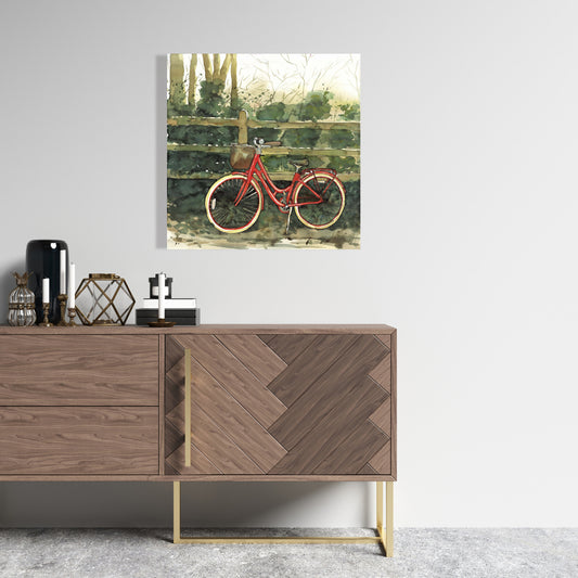 Red Canvas Transportation Bike Art | Riding in the Woods Decor