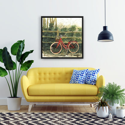 Red Bedroom Decor | Riding in the Woods Bicycle Framed Canvas