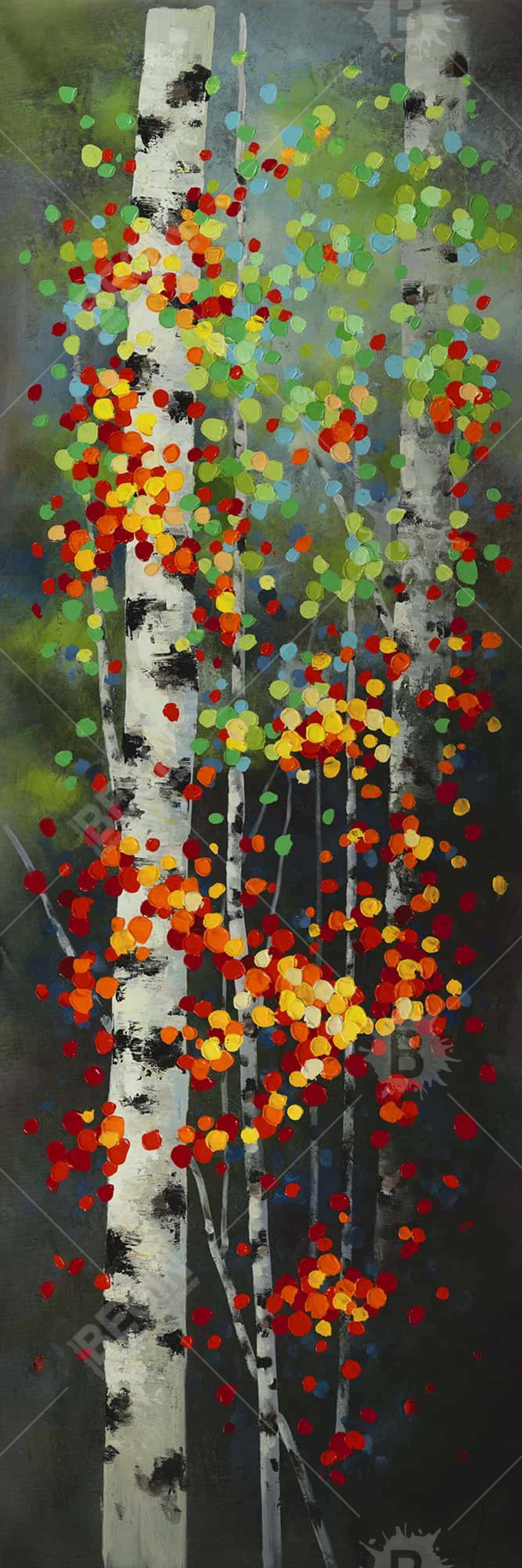 Colorful Dotted Leaves Birches | Green Bedroom Canvas Decor