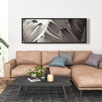 Toile à motifs de feuilles tropicales en niveaux de gris – Décoration florale exotique pour la maison