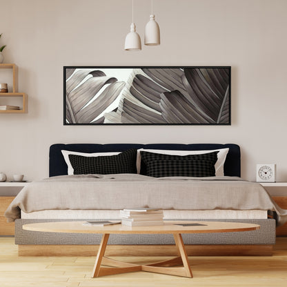 Toile à motifs de feuilles tropicales en niveaux de gris – Décoration florale exotique pour la maison