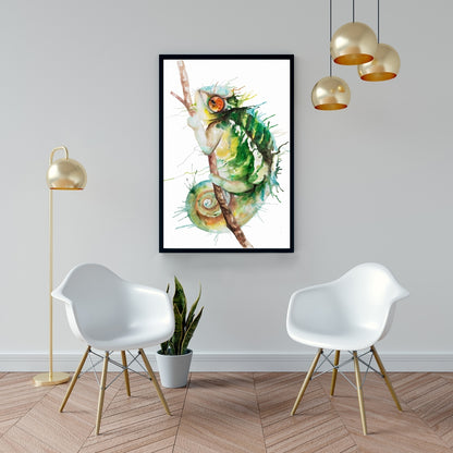 Toile aquarelle caméléon | Décoration de chambre reptile | Encadrée