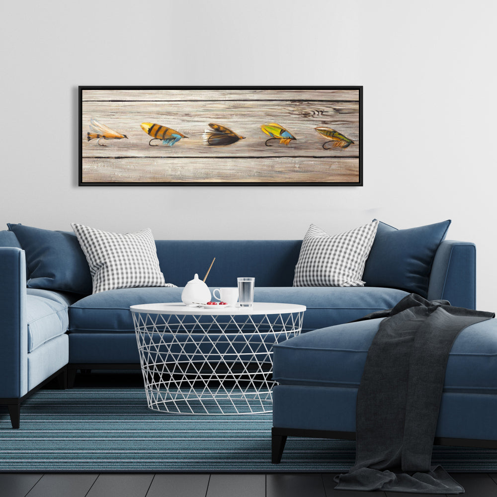 Mouches de pêche sur toile bleue | Décoration contemporaine d'insectes