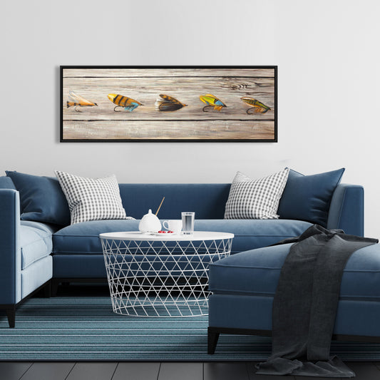 Mouches de pêche sur toile bleue | Décoration contemporaine d'insectes