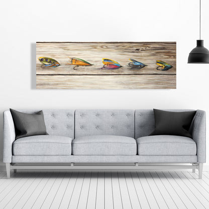 Blue Coastal Canvas - Fishing Flies Art for Living Room Decor