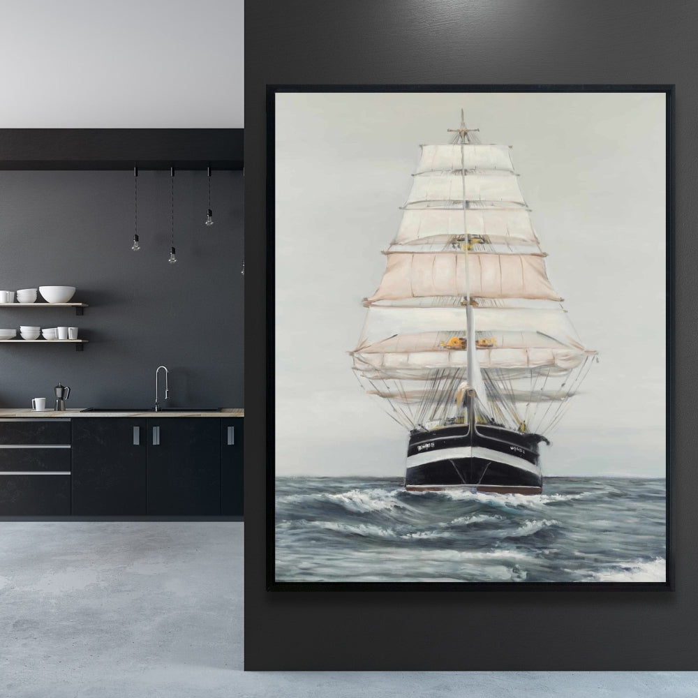 Toile « Navire naviguant doucement » | Cadre blanc | Décoration de chambre bateau