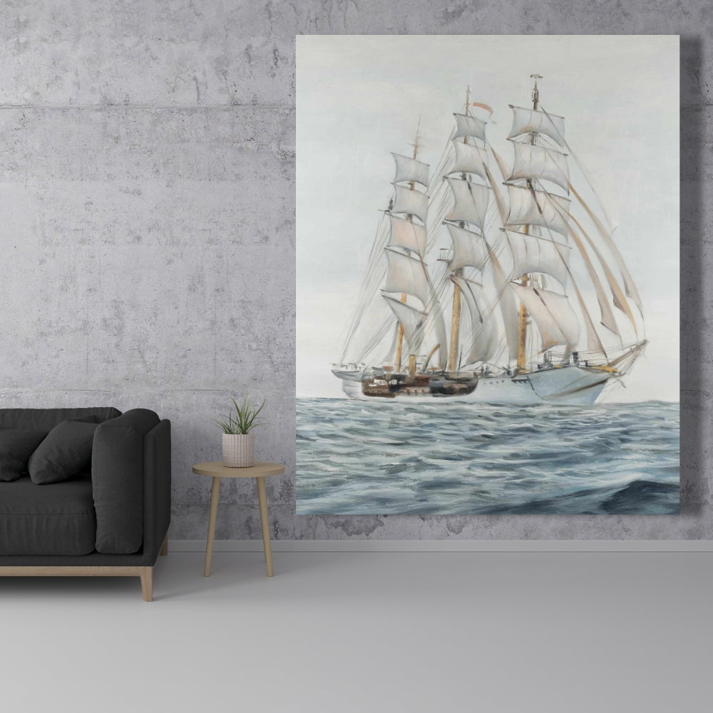 Ship by a Cloudy Day - Marine Coastal White Canvas Decor