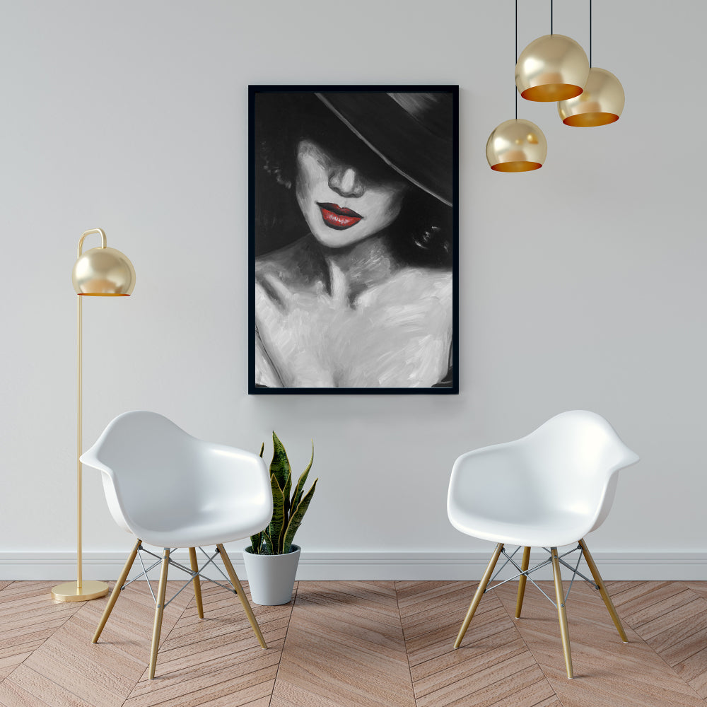 Gray Bedroom Beauty Framed Canvas - Mysterious Red Lips Lady
