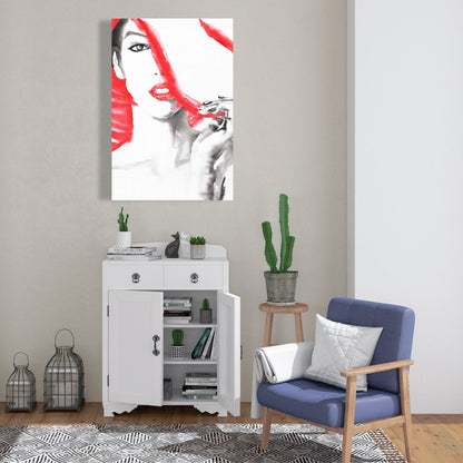 Toile illustrative blanche – Femme au grand chapeau | Décoration d'intérieur
