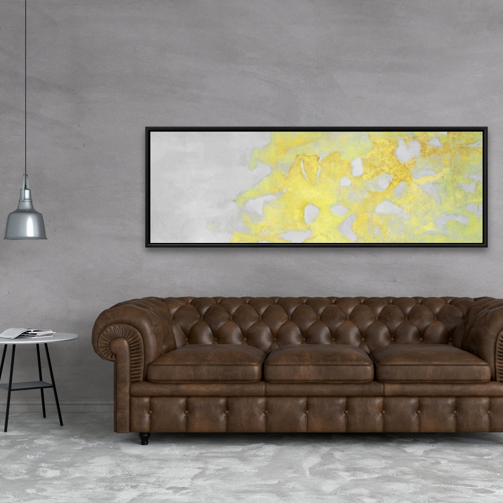 Toile encadrée grise abstraite représentant des formes d'érosion dorées, décoration d'intérieur