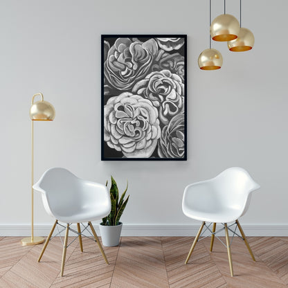 Grayscale Dahlias Botanical Canvas | White Frame Home Decor