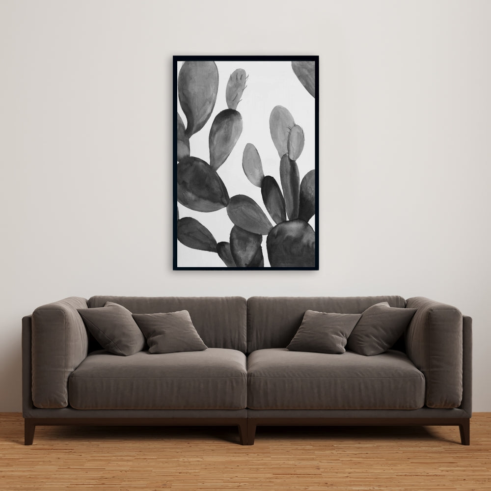 Toile encadrée Cactus en nuances de gris | Décoration murale botanique grise