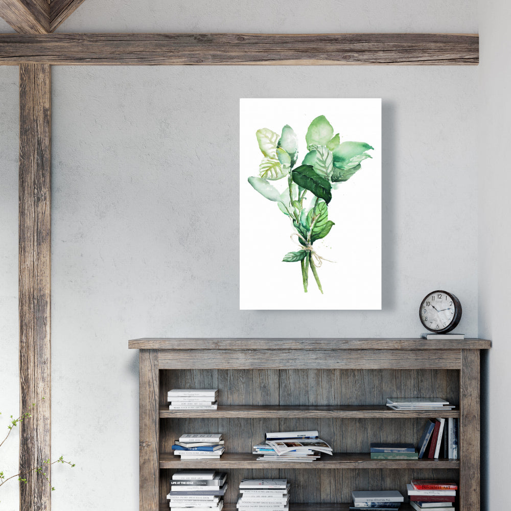 Tied Up Basil Leaves Canvas | White Kitchen Wall Decor
