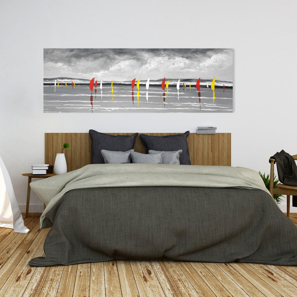 Toile blanche minimaliste représentant un bateau – Décor de voiliers sur le lac