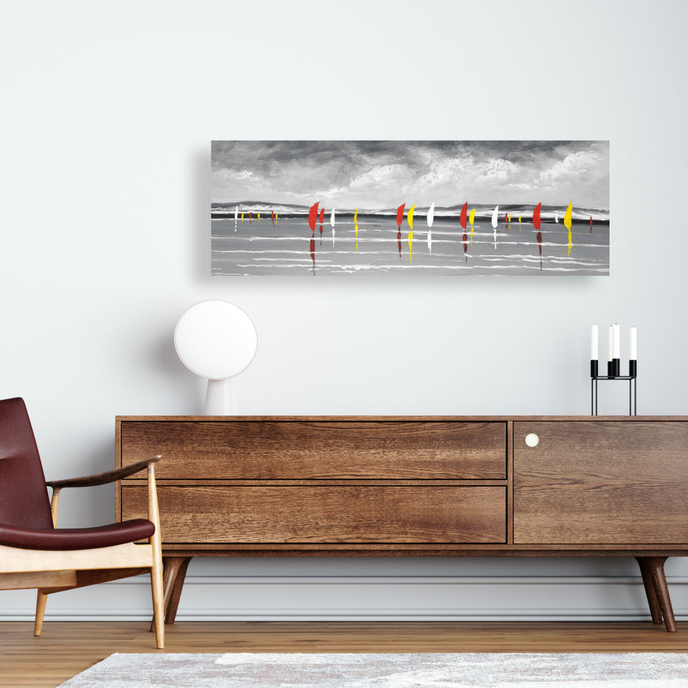 Toile blanche minimaliste représentant un bateau – Décor de voiliers sur le lac