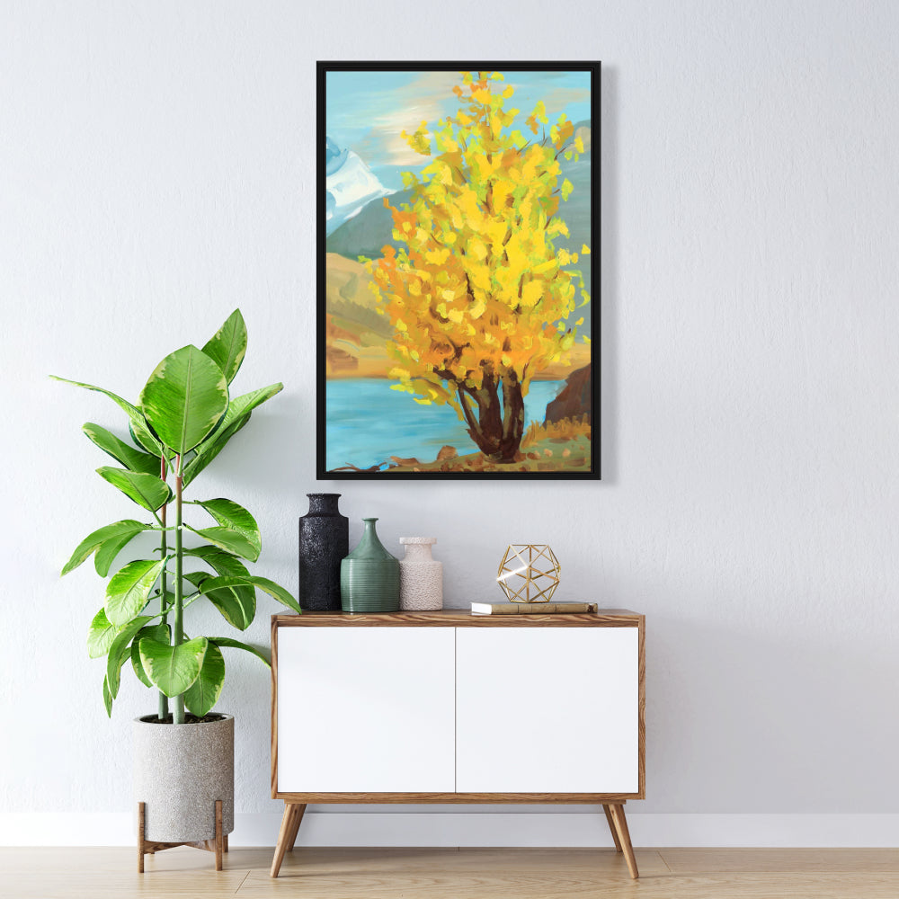 Toile encadrée « Réflexion d'arbre jaune » | Décoration côtière bleue