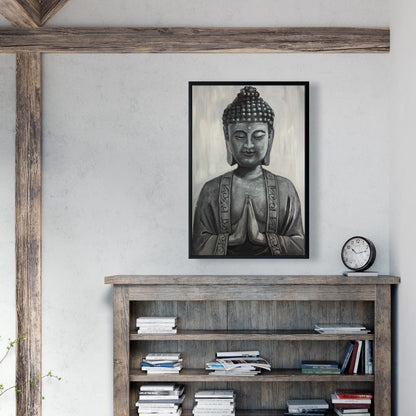 Gray Asian Framed Buddha Canvas | Elegant Bedroom Wall Art
