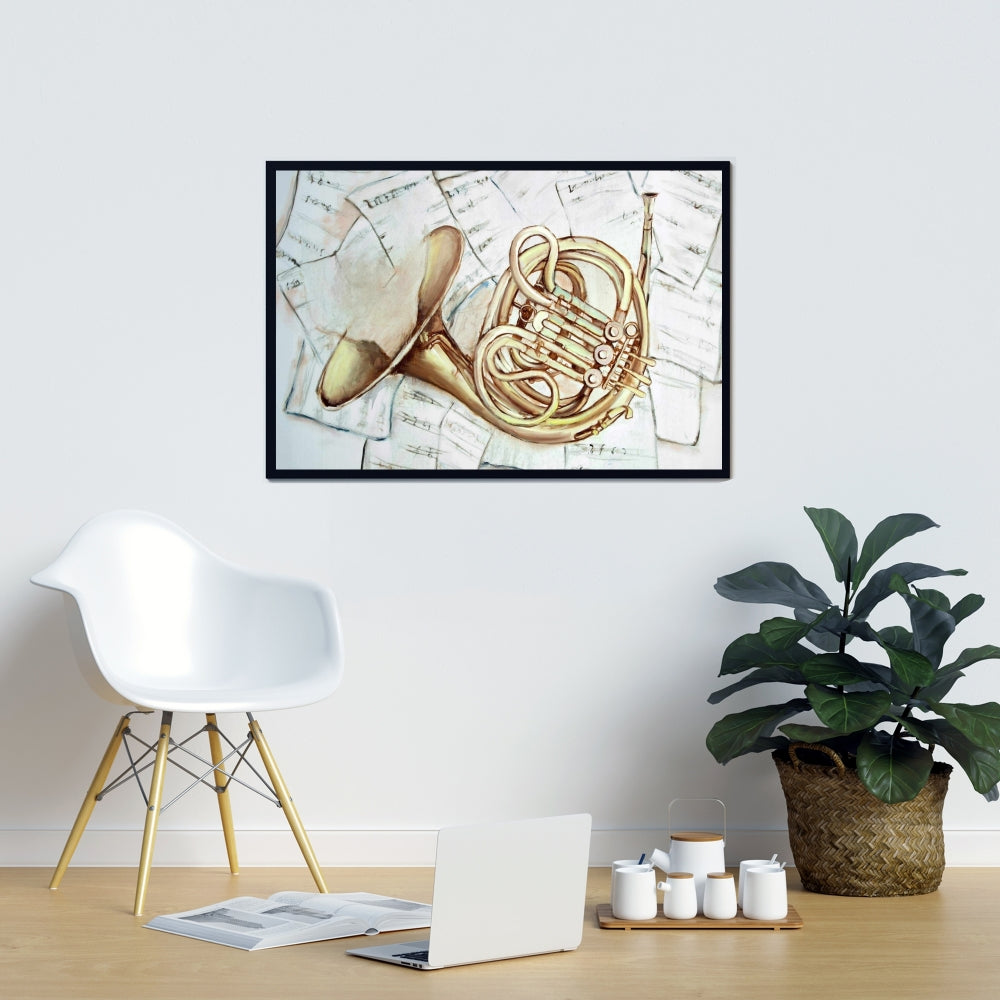 White Musical Bedroom Canvas | Horn on Music Sheet Decor