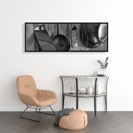 Framed Canvas Kitchen Tools for Chef | Gray Object Decor