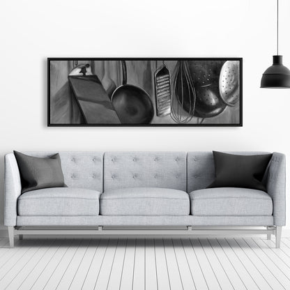 Framed Canvas Kitchen Tools for Chef | Gray Object Decor