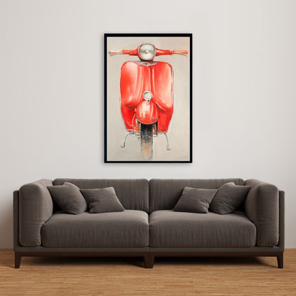 Small Red Moped Canvas | Red Transportation Motorcycle Art