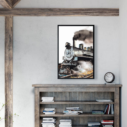 Toile vintage avec train à vapeur | Décoration industrielle encadrée grise