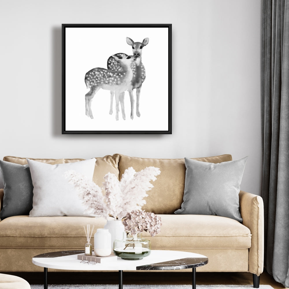 Toile encadrée grise « Les faons adorent les animaux monochromes » - Décoration d'intérieur