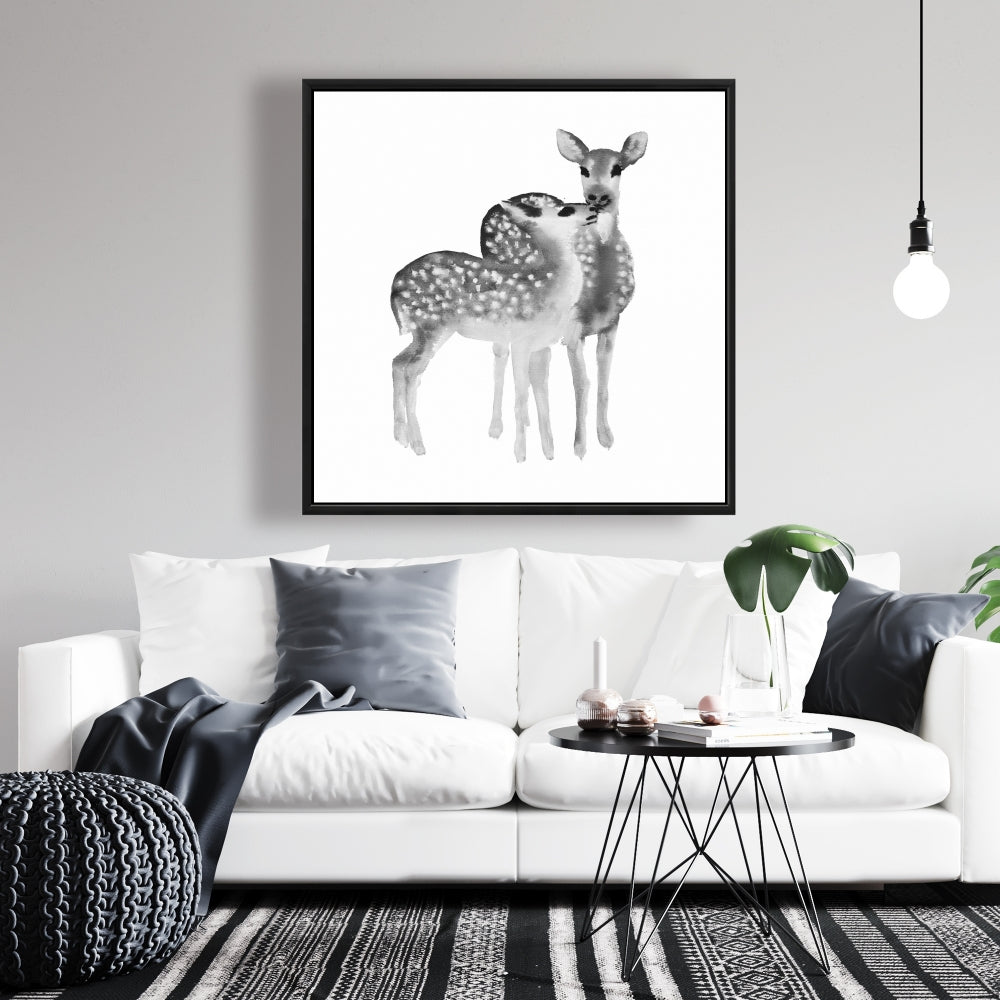Toile encadrée grise « Les faons adorent les animaux monochromes » - Décoration d'intérieur