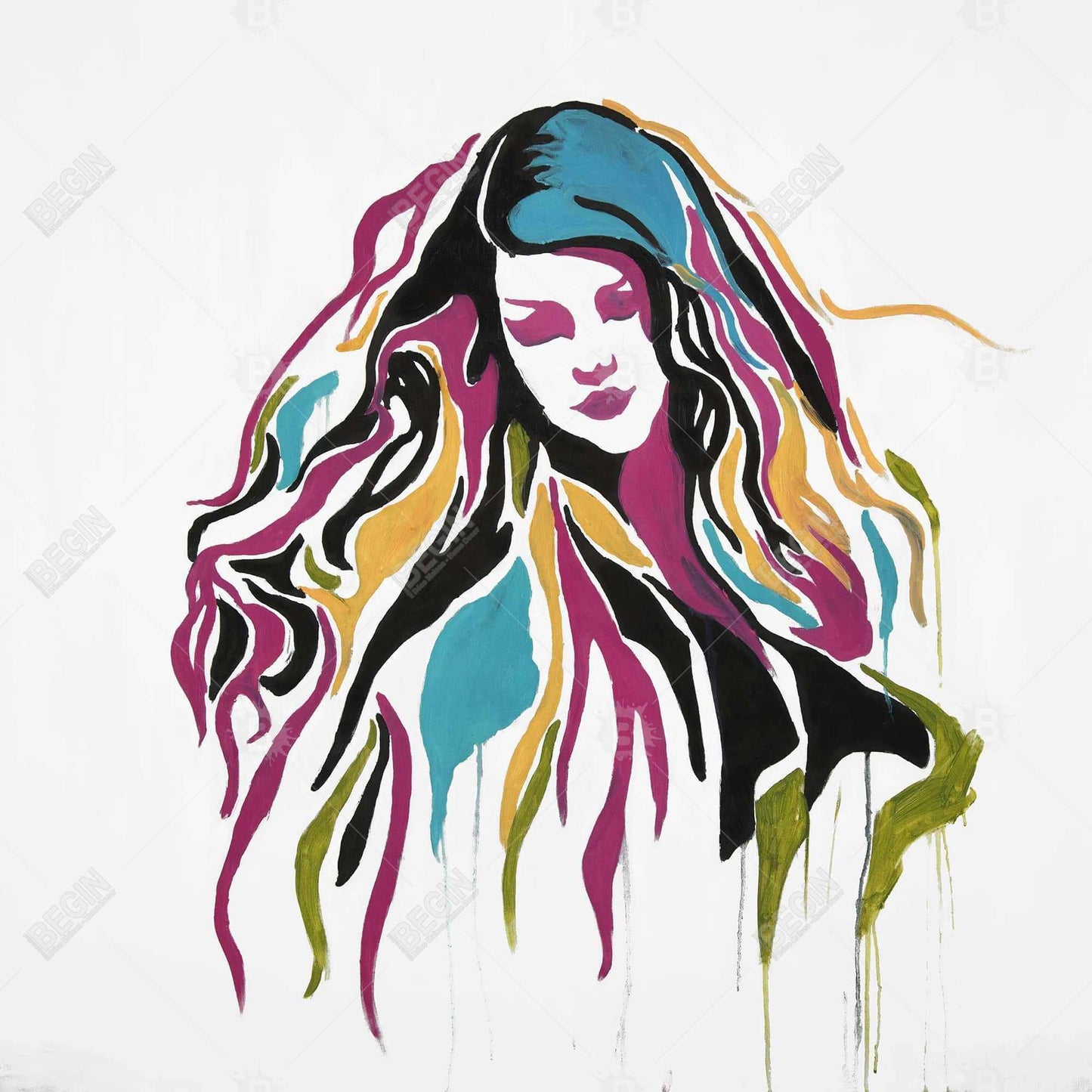 Toile jaune aux formes rétro - Décoration d'intérieur avec graffiti féminin