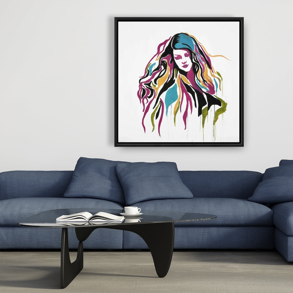 Toile encadrée jaune représentant une femme graffiti rétro | Décoration d'intérieur