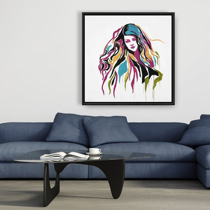 Toile encadrée jaune représentant une femme graffiti rétro | Décoration d'intérieur