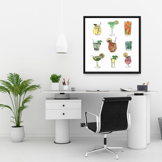 Toile encadrée « Cocktails colorés » – Décoration d'intérieur à feuilles bleues