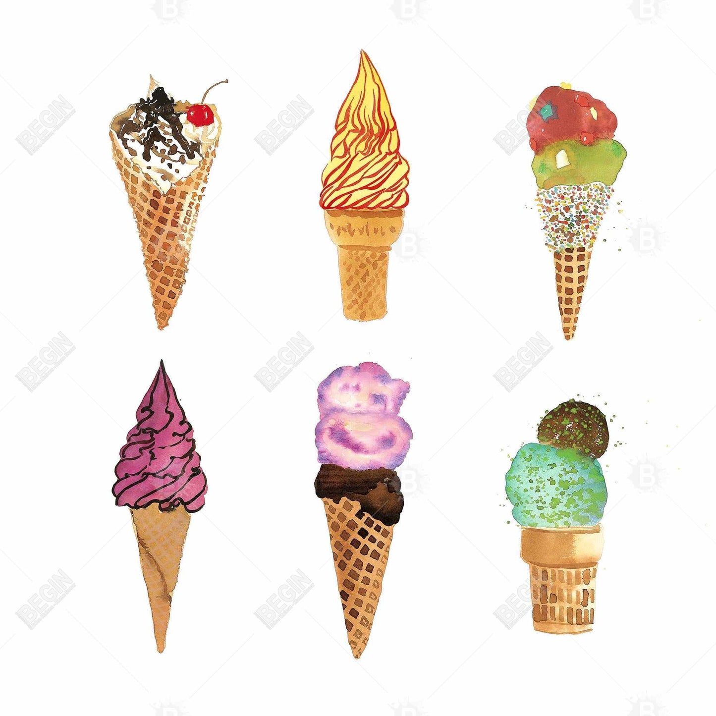 Ice Cream Cones Canvas - Yellow Frame | Kitchen Decor Art