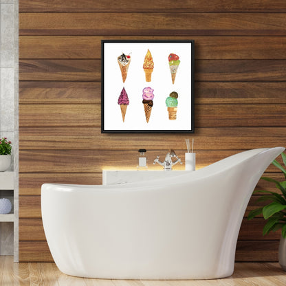 Ice Cream Cones Canvas - Yellow Frame | Kitchen Decor Art