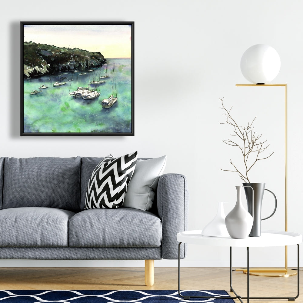 Toile verte côtière - Décor de bateaux à Cala Macarella