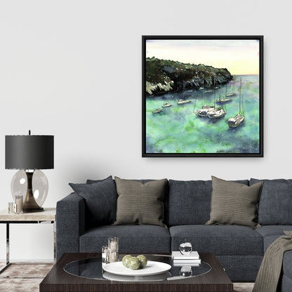 Toile verte côtière - Décor de bateaux à Cala Macarella